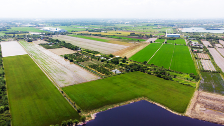 Aerial view of the crop and waste water from solid waste.の写真素材