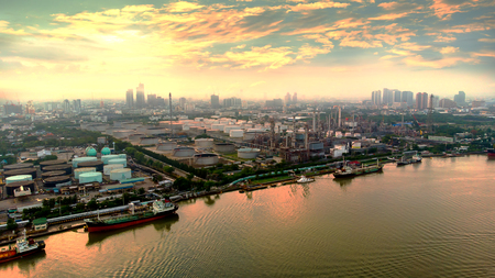 Aerial view of oil tanker,oil refinery at sunrise morning.の写真素材