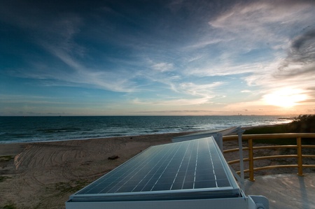 Solar cell in sunset backgroundの写真素材