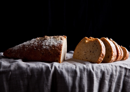 slice french bread in the kitchen table の写真素材