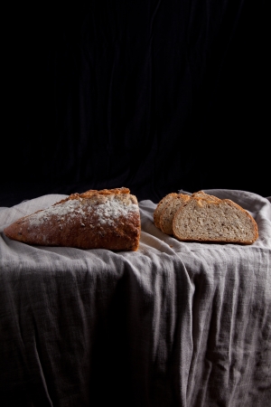 slice french bread in the kitchen table の写真素材