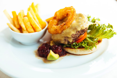 close up on hamburger with potato friedの写真素材