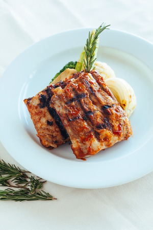 barbecue spare rib on dishの写真素材