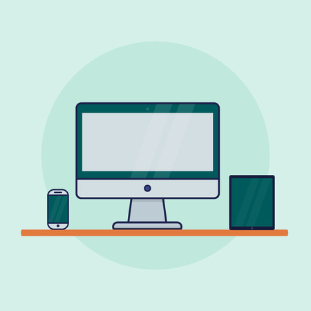 Device icon. Computer monitor, smartphone,computer, tablet . Vector illustration.のイラスト素材