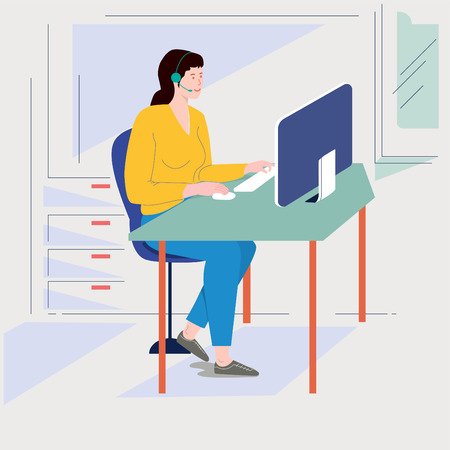 a,  lady working with desktop computer, vector illustrationのイラスト素材