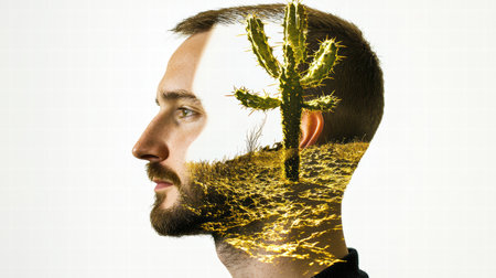 A captivating profile portrait featuring a double exposure technique, merging a cactus and desert landscape, symbolizing growth and tranquility in nature.の素材