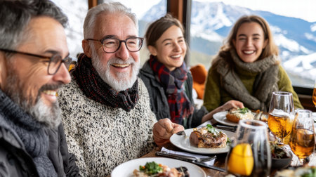 A group of friends share a joyful moment over delicious meals with stunning mountain views in the background. The scene captures warmth and togetherness.の素材