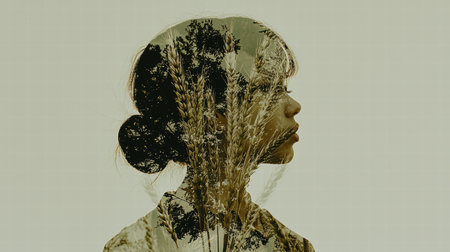 A creative double exposure portrait of a girl, blending natural elements like wheat and trees, capturing beauty, serenity, and connection to nature.の素材