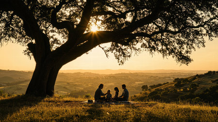 A family gathers for a picnic under a large tree as the sun sets, creating a serene atmosphere. This image captures the essence of outdoor connection and relaxation.の素材