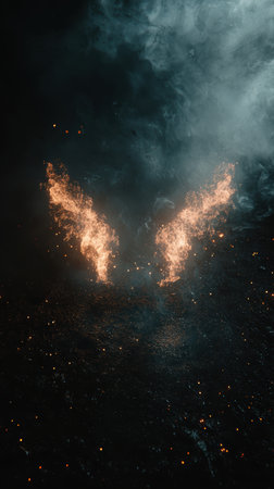 Visualize an extraordinary scene of flames and smoke creating an intense atmosphere. This captivating image features a fiery eruption contrasting against a dark backdrop, showcasing the beauty of natural elements.の素材