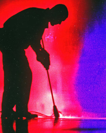 A dramatic silhouette of a golfer poised to swing against a vibrant backdrop of red and blue light. This image captures the essence of sport and art.の素材