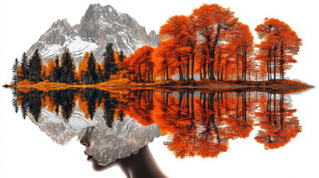 This captivating image showcases a surreal blend of nature and human form, featuring a silhouette against a backdrop of vibrant autumn trees and majestic mountains reflected in still water.の素材