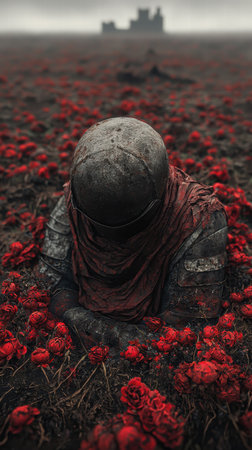 A solitary armored soldier sits immersed in vibrant red flowers, evoking themes of war and tranquility. The misty background enhances the scene's surreal beauty.の素材