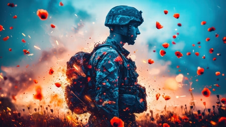 A striking portrait of a soldier in a dramatic battlefield scene, surrounded by vivid poppies and engulfed in explosions, symbolizing sacrifice and heroism.の素材