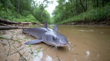 A close-up view of a catfish resting on a sandy riverbank, surrounded by lush greenery. The tranquil setting highlights the beauty of freshwater ecosystems in nature.の素材