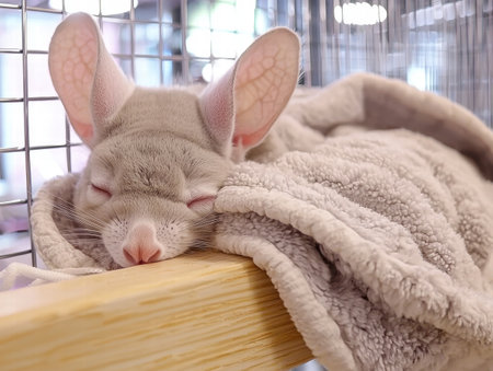 A serene scene of a cute furry pet sleeping soundly on a cozy blanket. The animal exudes tranquility, capturing the essence of comfort and relaxation.の素材