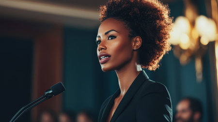 A confident woman delivers a passionate speech at a public event, showcasing her leadership and communication skills. The audience is engaged and attentive.の素材