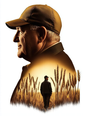 A reflective portrait of an elderly farmer in a wheat field, featuring warm gold tones and a serene atmosphere, capturing the essence of rural life and contemplation.の素材