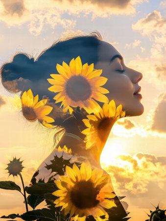 A captivating silhouette of a young woman surrounded by vibrant sunflowers during a beautiful sunset, capturing a sense of serenity and warmth in nature.の素材