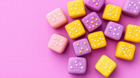 A vibrant assortment of colorful square marshmallows in pink, yellow, and purple, adorned with sprinkles, perfect for food styling and sweet treats.の素材