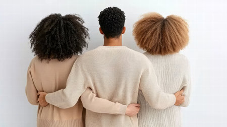 A diverse group of friends stands close together, embracing each other from behind. Their styles reflect warmth and comfort, showcasing connection and support.の素材