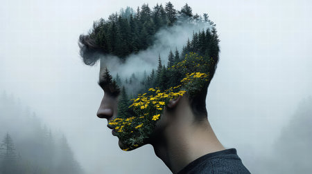 This surreal portrait showcases a man with a vibrant landscape seamlessly merging into his profile, symbolizing a deep connection with nature and tranquility.の素材