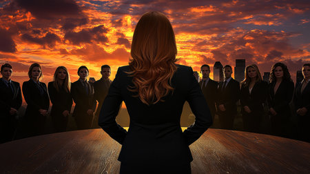 A confident business leader stands with back to the camera, overlooking a sunset city skyline, with a gathered team. The scene captures ambition and leadership.の素材