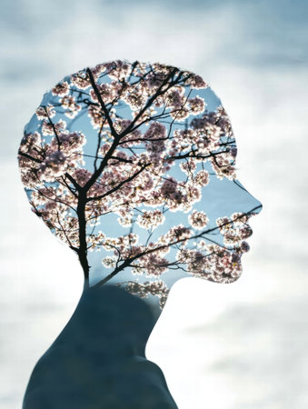 A creative double exposure image featuring a silhouette of a person filled with blooming cherry blossoms against a serene sky, symbolizing beauty and growth.の素材