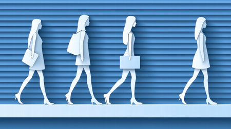 A collection of stylish silhouettes of women walking against a modern blue backdrop. The illustration captures elegance and movement in a minimalist design.の素材