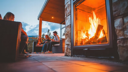 A cozy outdoor gathering with friends around a fireplace during a summer evening. The warm glow invites relaxation, conversation, and connection in a serene setting.の素材