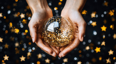 A pair of hands gently holds a glittering sphere filled with shimmering particles, set against a dreamy background of golden stars and soft bokeh lights.の素材