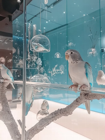 A vivid display of colorful budgerigar birds perched on a branch in a stylish glass exhibit. The serene environment features modern decor with transparent glass elements.の素材