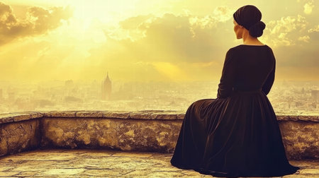 A woman in a black dress gazes at a breathtaking city skyline during the golden hour. The scene captures a moment of reflection and tranquility amidst urban beauty.の素材