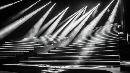 Captivating image of stage lighting featuring sharp lines and smoke effects, creating a dramatic atmosphere for performances and events.の素材