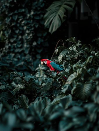 A vibrant parrot stands elegantly amidst lush green foliage, showcasing its stunning red and blue feathers in this serene tropical environment.の素材