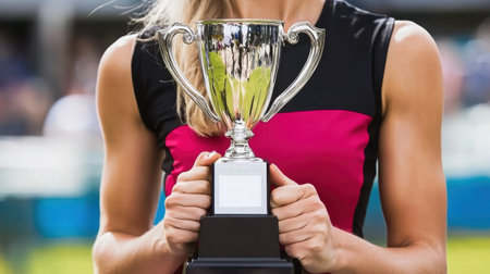 A female athlete proudly holds a trophy after winning a competitive event. Her expression reflects joy and accomplishment in the outdoor setting, celebrating victory.の素材