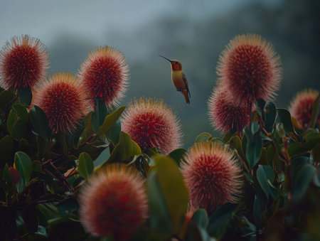 A stunning hummingbird hovers gracefully near vibrant pink flowers, showcasing the beauty of nature. The intricate details of the blossoms highlight the serenity of the scene.の素材