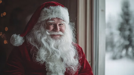 A cheerful man with a white beard and red hat smiles warmly by a window, evoking feelings of joy and holiday spirit during the winter season.の素材