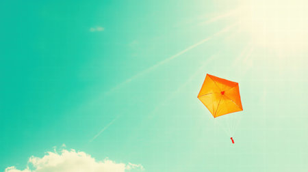 A vibrant orange umbrella gracefully floats in a clear blue sky, illuminated by warm sunlight. This serene scene evokes feelings of freedom and adventure.の素材