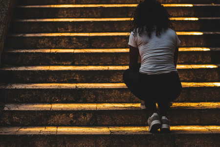 A young woman sits quietly on illuminated steps, embracing a moment of reflection in an urban setting. The ambient light creates a serene and contemplative atmosphere.の素材