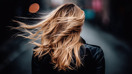 A candid shot of a woman with flowing hair captured from the back in an urban setting during dusk, showcasing a sense of freedom and tranquility.の素材