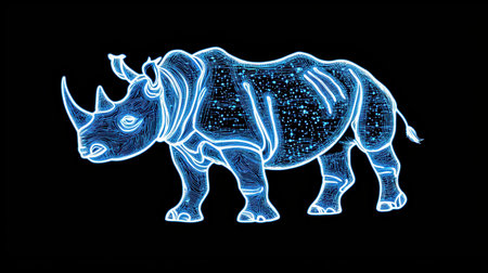 This captivating digital art piece features a neon outline of a rhinoceros on a dark background. The vivid color scheme and intricate details create an eye-catching visual representation of wildlife.の素材