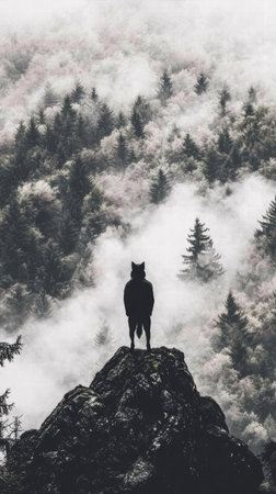 A stunning silhouette of a wolf standing majestically on a rock, surrounded by a misty forest. This serene and mysterious scene captures the beauty of nature.の素材