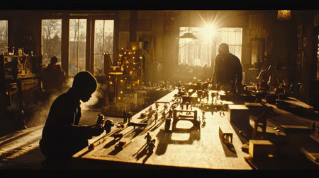 A serene indoor workshop scene with silhouetted figures working on creative projects. Sunlight streams through, illuminating various artistic objects and a wooden table, setting a tranquil atmosphere for inspiration and imagination.の素材