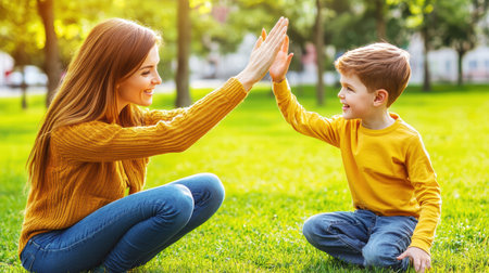 A joyful scene of a mother and her young son playing together in a sunny park. They share a joyful moment, capturing the essence of family bonding and happiness.の素材