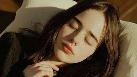 A serene young woman rests peacefully with her eyes closed, illuminated by soft natural light. This image captures tranquility and beauty in a relaxed atmosphere, evoking a sense of calm.の素材