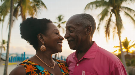A joyful couple shares a tender moment at sunset on the beach, surrounded by palm trees. Their smiles and affection highlight the beauty of love in nature.の素材