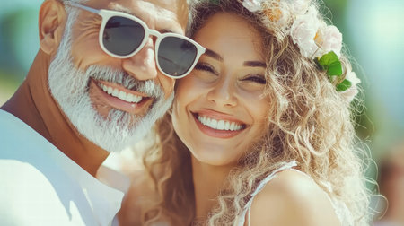 A joyful couple enjoys a sunny day outdoors, showcasing their radiant smiles and floral accessories. Their expressions capture the essence of happiness and togetherness.の素材
