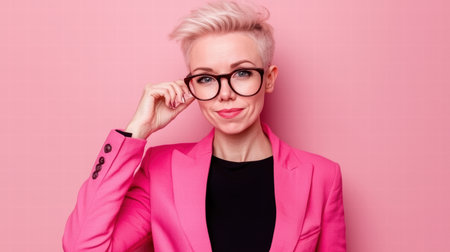 A confident young woman poses in a stylish pink suit with glasses, set against a vibrant pink background. Her cheerful smile exudes modern charm and elegance.の素材