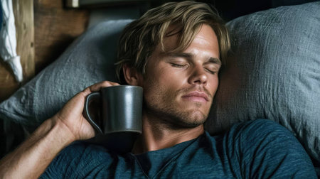 A young man enjoys a moment of tranquility as he relaxes in bed with a coffee mug, embodying calmness and comfort in a cozy indoor setting.の素材